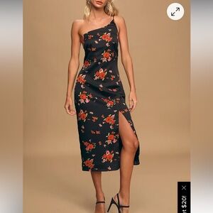Floral Satin One-Shoulder Midi Dress- small